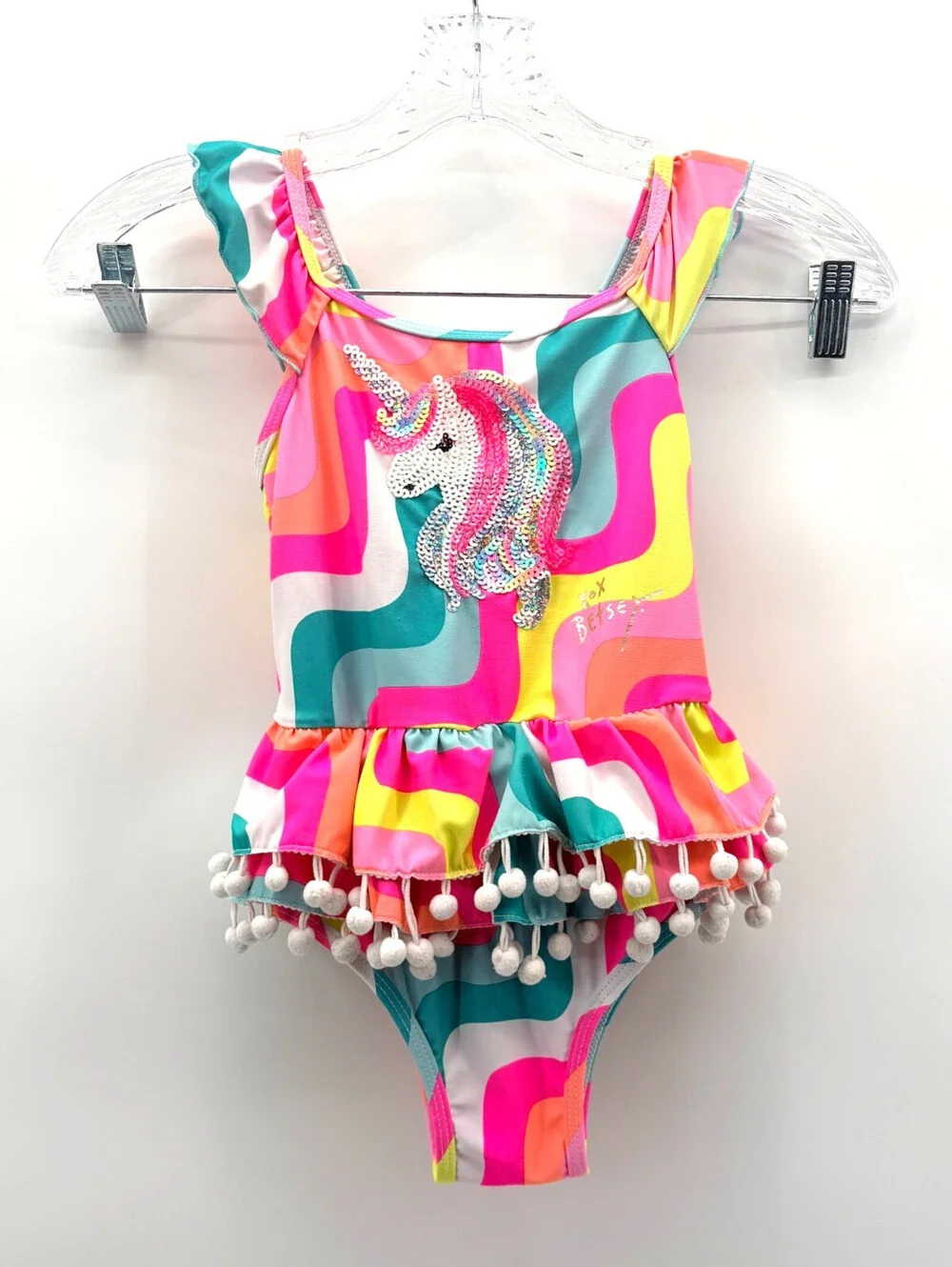 Betsey Johnson Toddler Girl's Unicorn Sequins PomPoms One Piece Swim Suit 2T